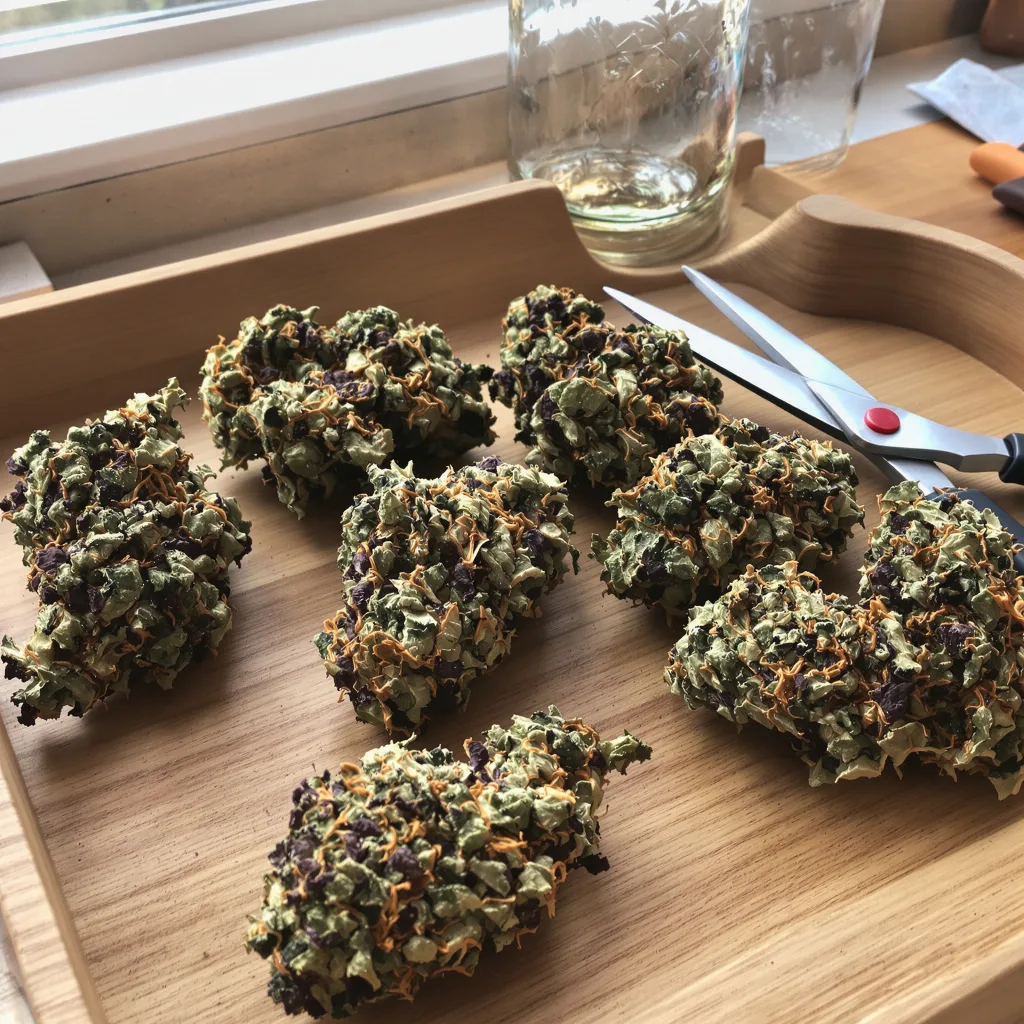 Red Bruce 84% Indica / 16% Sativa — Blüte mit sichtbaren Trichomen