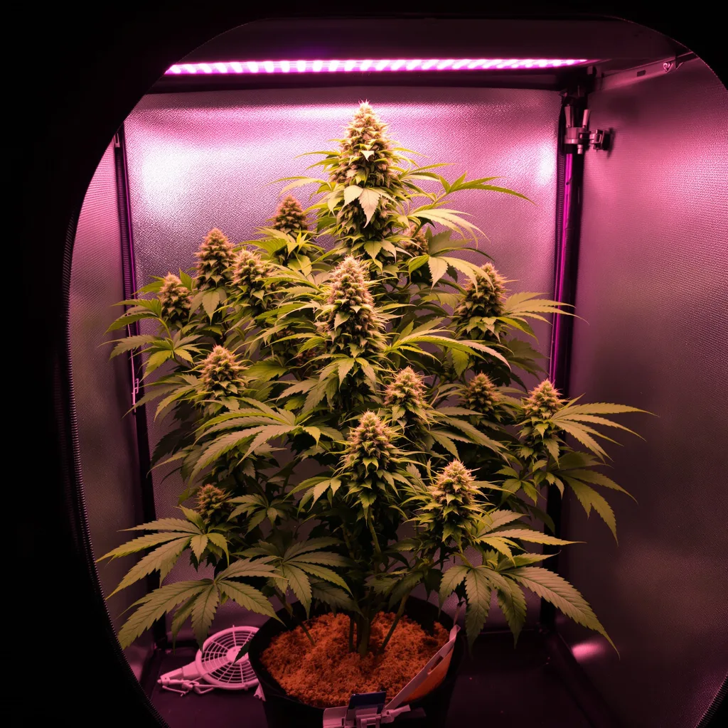 Red Bruce 84% Indica / 16% Sativa — Blüte mit sichtbaren Trichomen