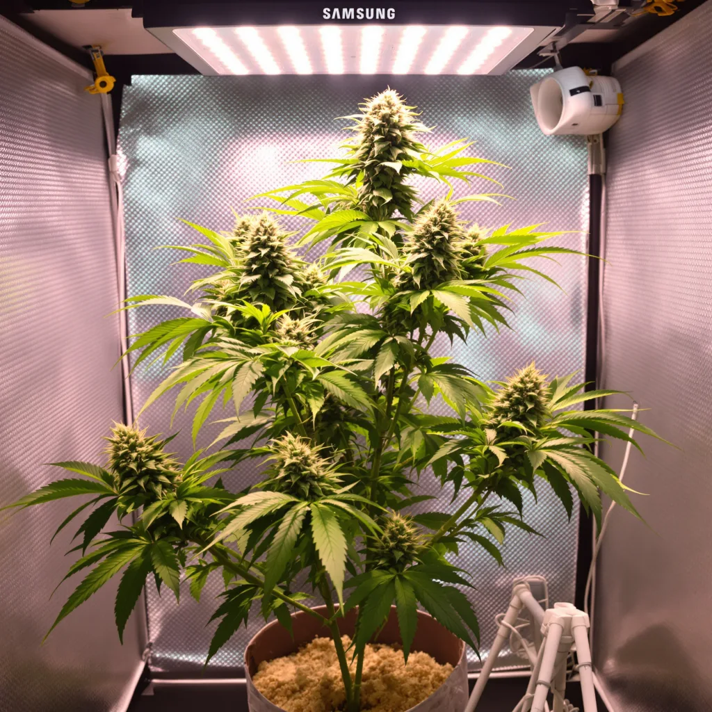 Red Dwarf 74% Indica / 26% Sativa — Blüte mit sichtbaren Trichomen