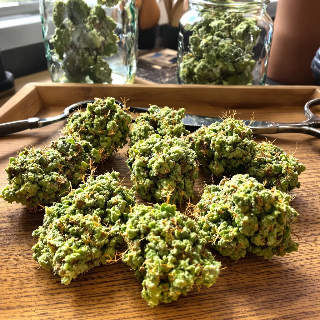 Red Headed Stranger 8% Indica / 92% Sativa — Blüte mit sichtbaren Trichomen