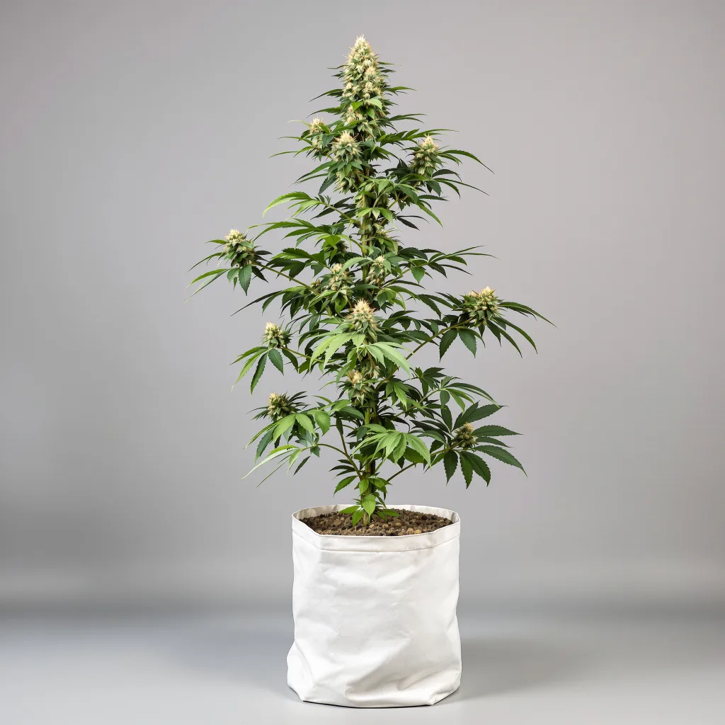 Redwood Kush Cannabisblüte Nahaufnahme mit ausgewogene Blütenstruktur mit eisigen Trichomen
