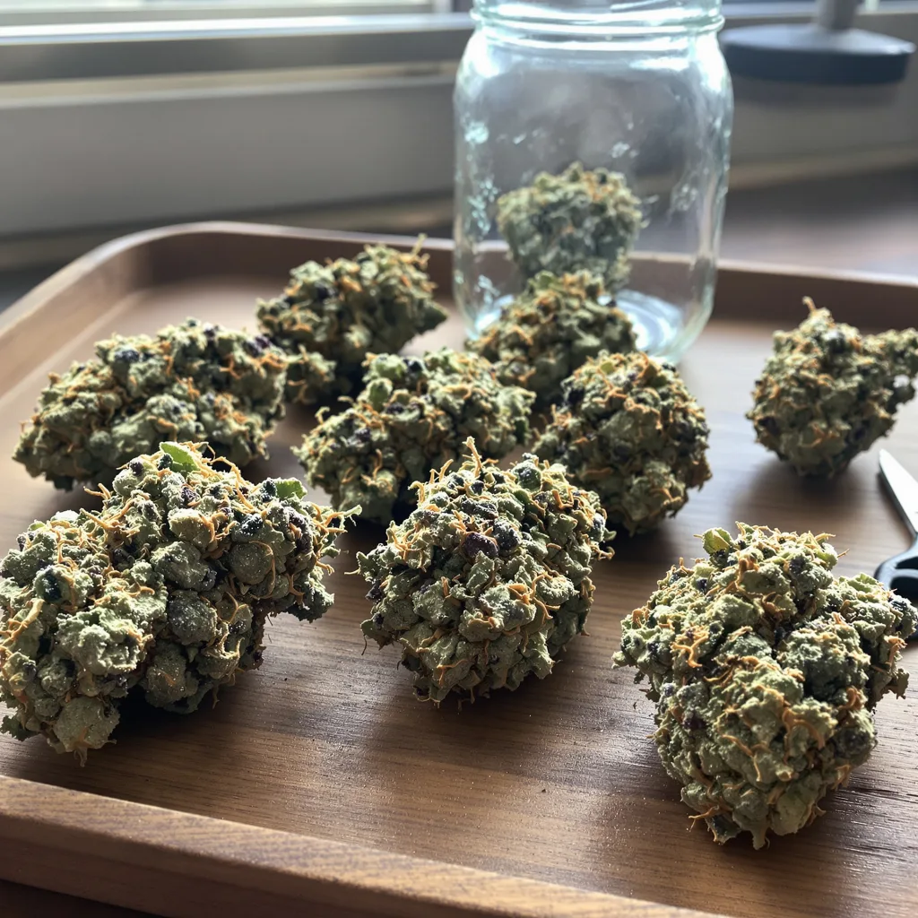 Redwood Kush 47% Indica / 53% Sativa — Blüte mit sichtbaren Trichomen