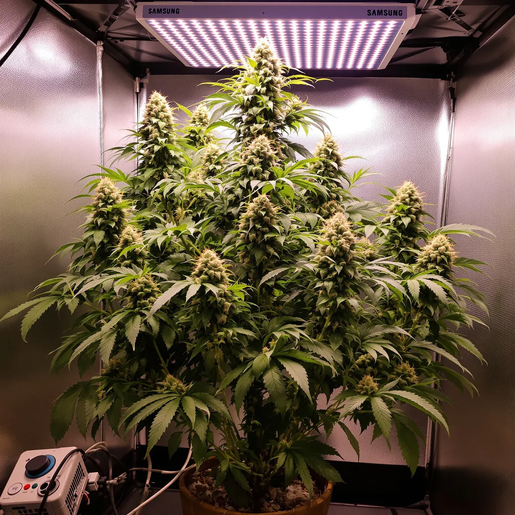 Redwood Kush 47% Indica / 53% Sativa — Blüte mit sichtbaren Trichomen