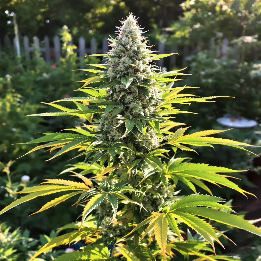 Redwood Kush 47% Indica / 53% Sativa — Blüte mit sichtbaren Trichomen