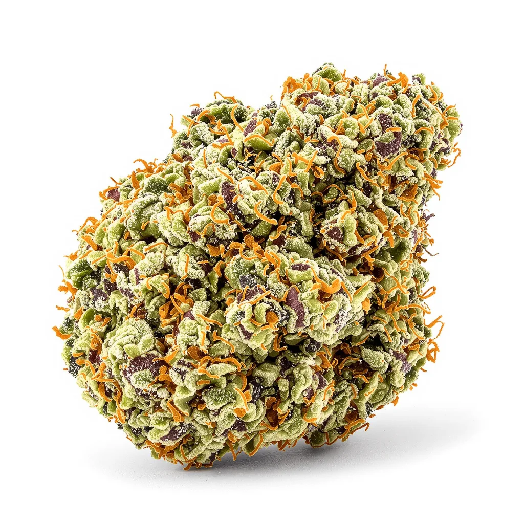 Redwood Kush 47% Indica / 53% Sativa — Blüte mit sichtbaren Trichomen