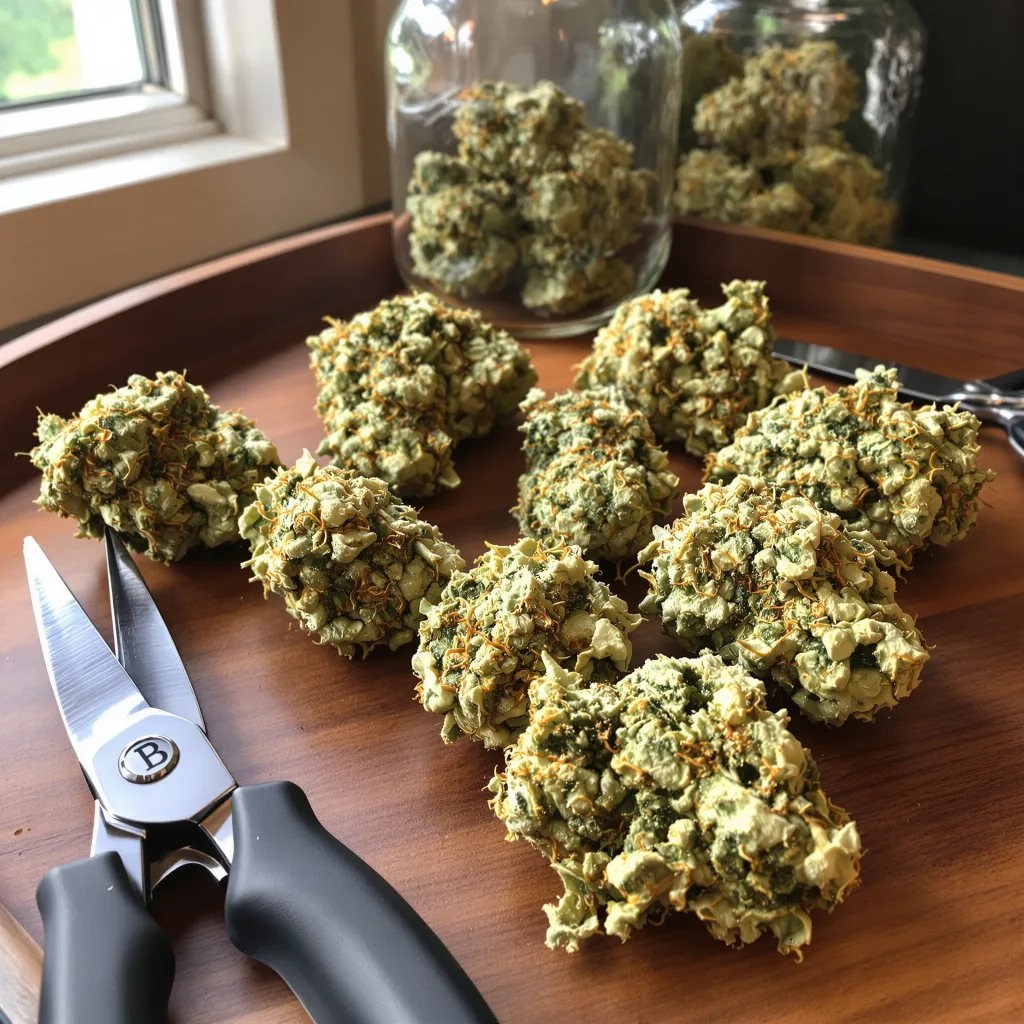 Ringos Gift CBD 50% Indica / 50% Sativa — Blüte mit sichtbaren Trichomen