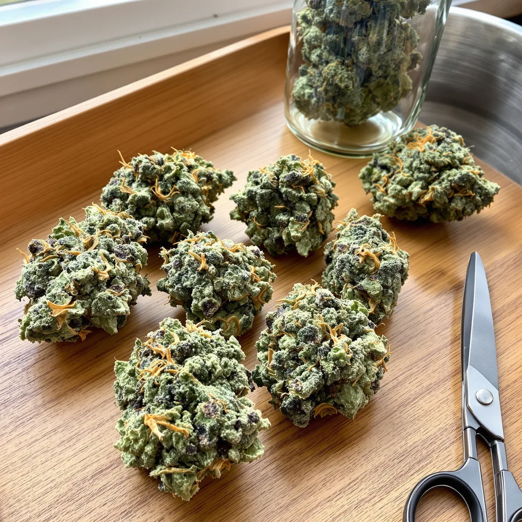 Rockstar 50% Indica / 50% Sativa — Blüte mit sichtbaren Trichomen