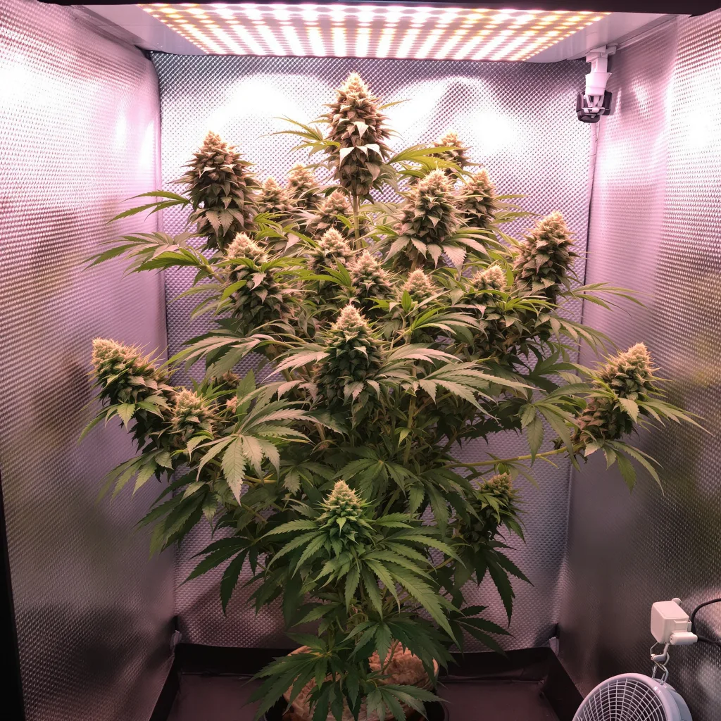 Rockstar 50% Indica / 50% Sativa — Blüte mit sichtbaren Trichomen