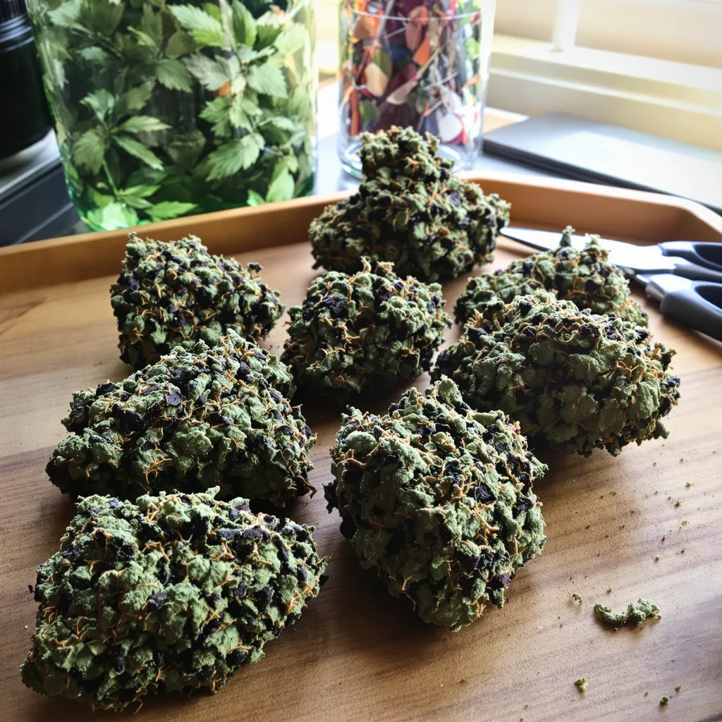 Rockstar Kush 88% Indica / 12% Sativa — Blüte mit sichtbaren Trichomen