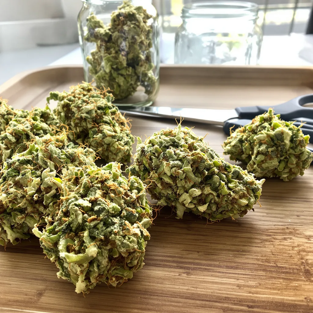 Royal Medic 25% Indica / 75% Sativa — Blüte mit sichtbaren Trichomen