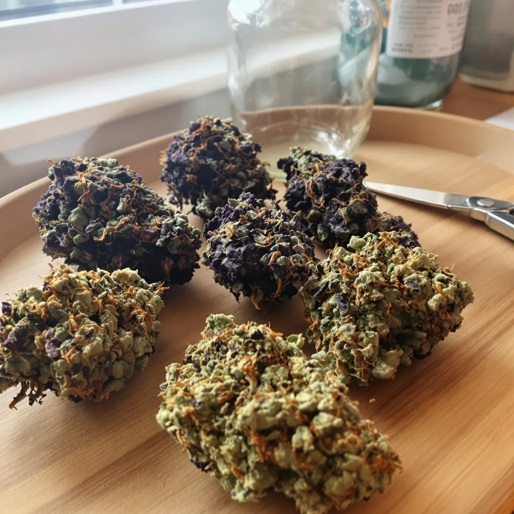 Rug Burn OG 68% Indica / 32% Sativa — Blüte mit sichtbaren Trichomen