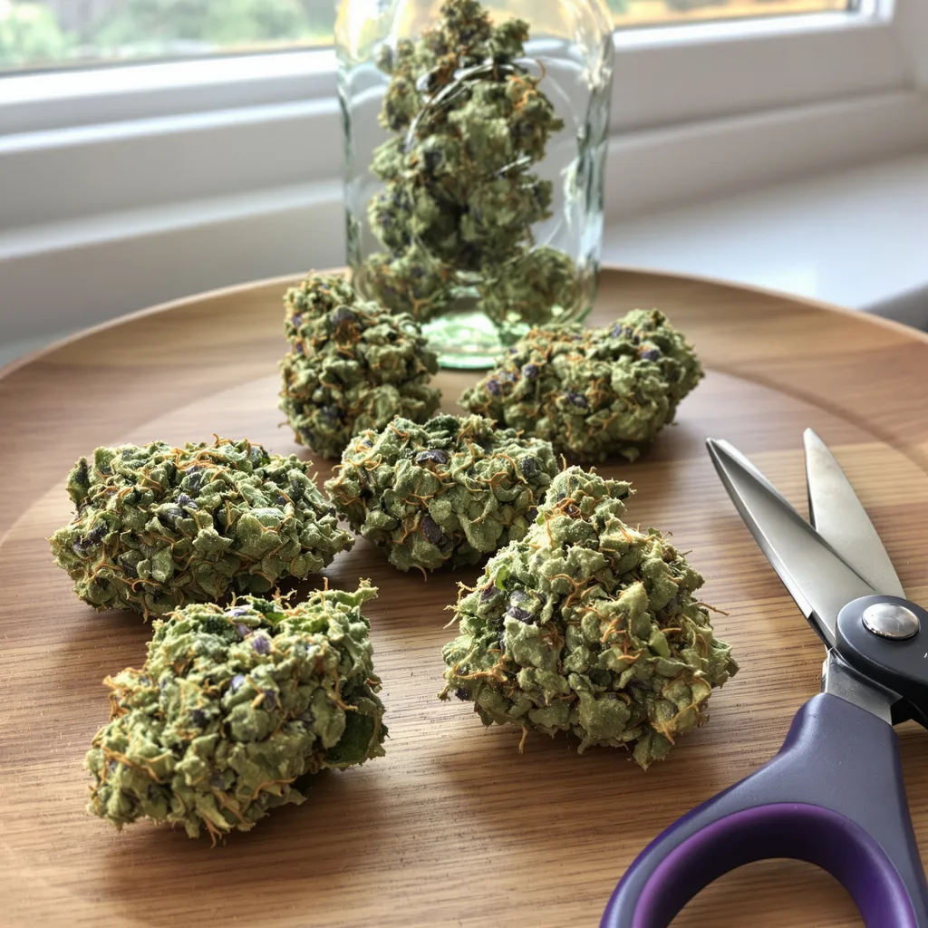 Russian Assassin 58% Indica / 42% Sativa — Blüte mit sichtbaren Trichomen