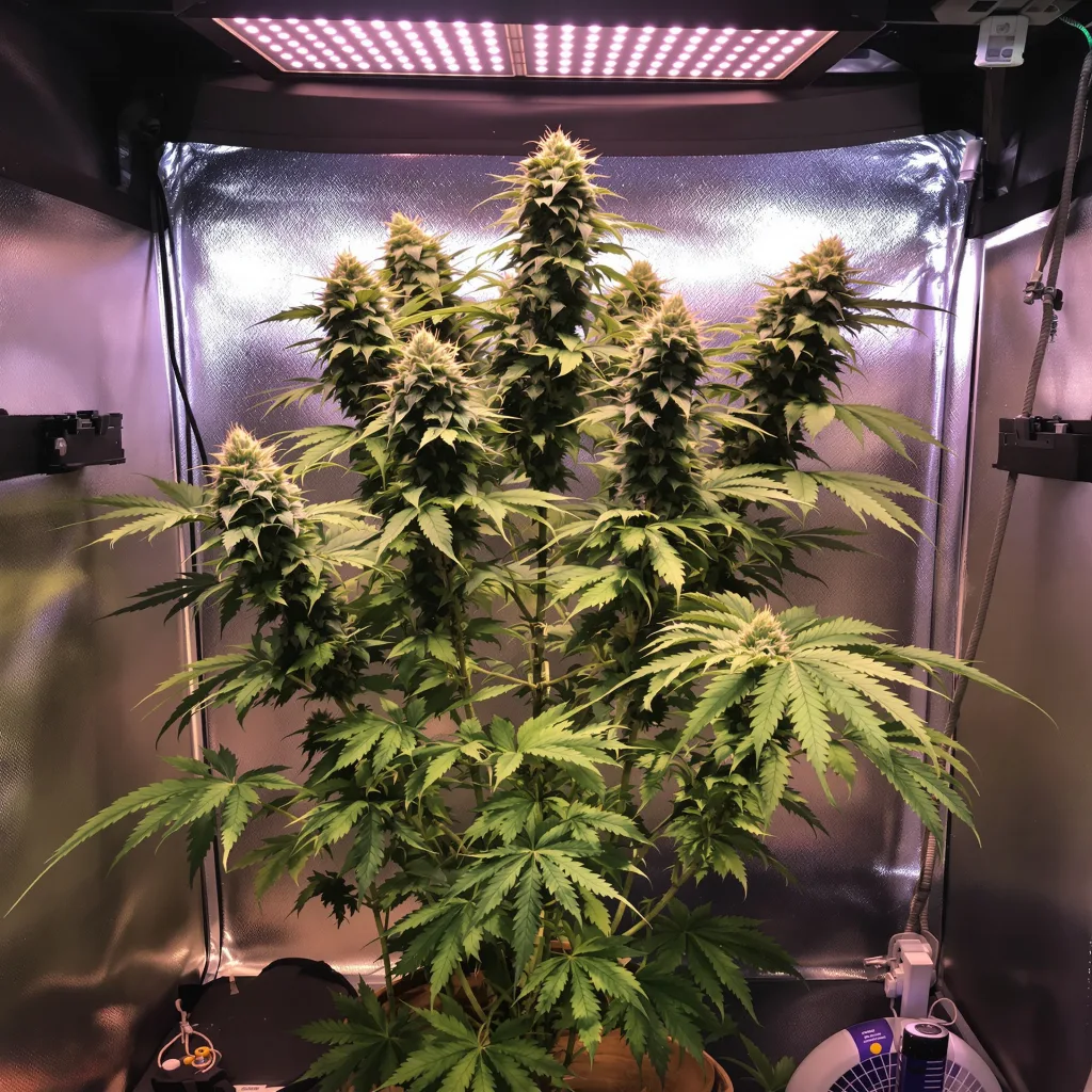 Russian Assassin 58% Indica / 42% Sativa — Blüte mit sichtbaren Trichomen