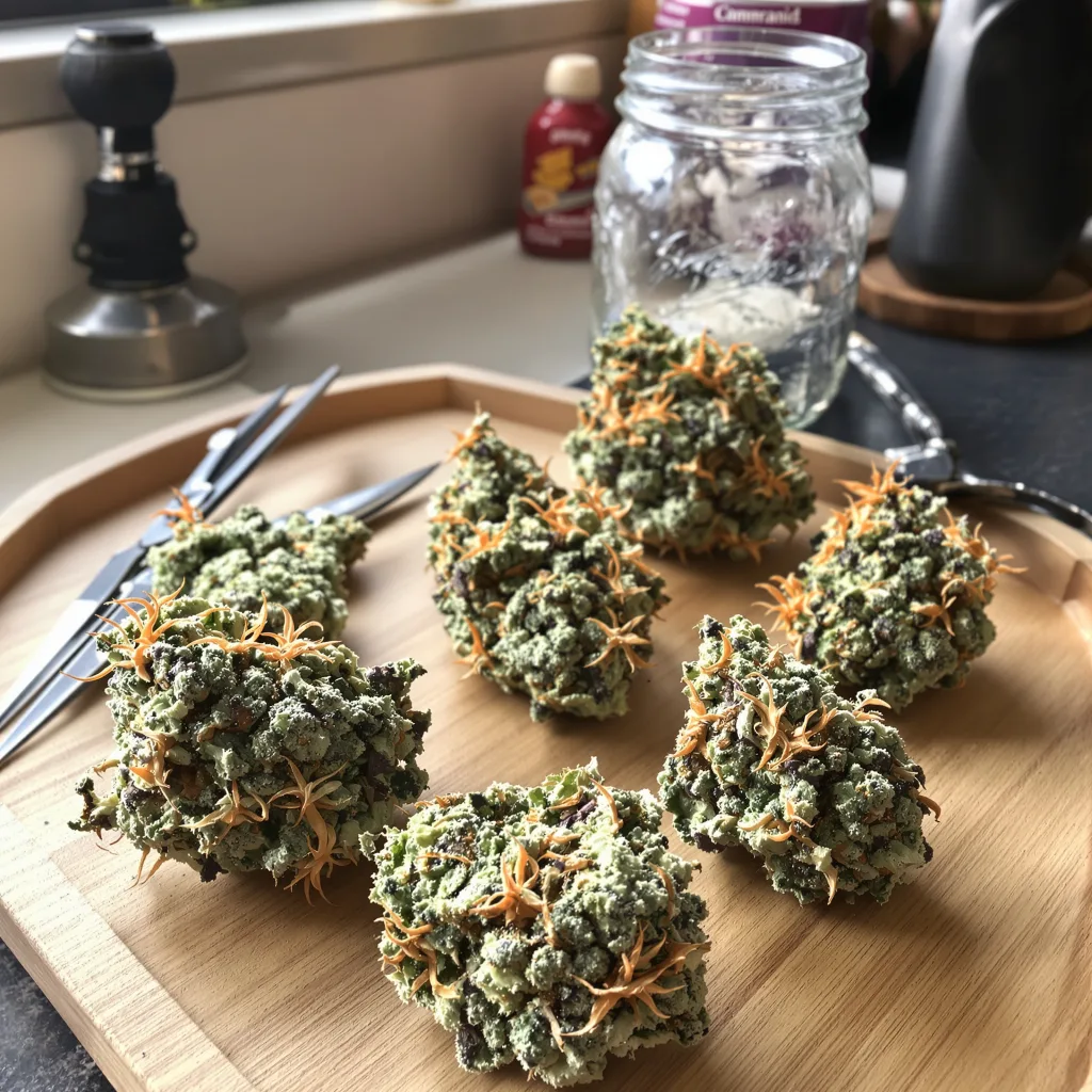 Santa Maria 40% Indica / 60% Sativa — Blüte mit sichtbaren Trichomen