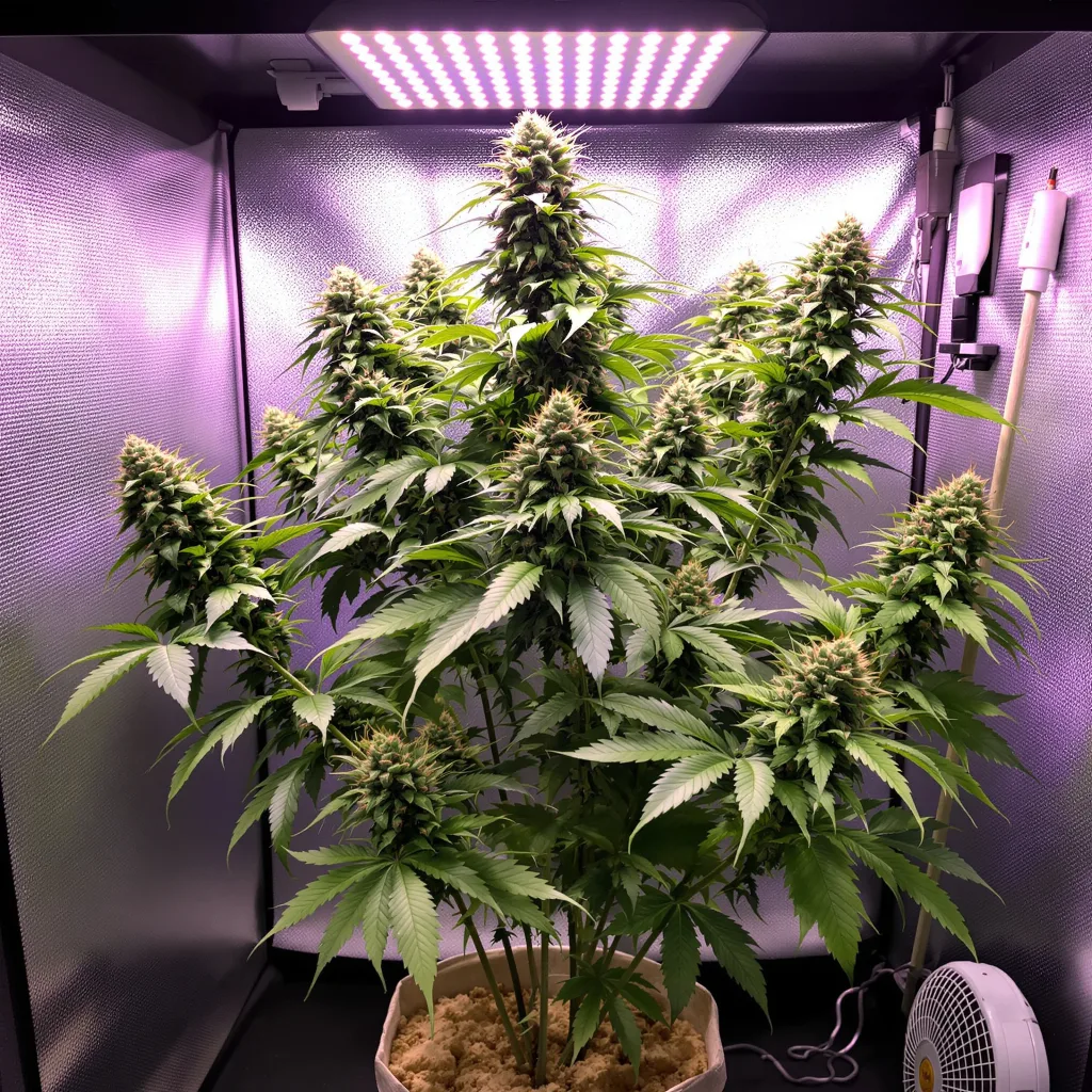 Santa Maria 40% Indica / 60% Sativa — Blüte mit sichtbaren Trichomen
