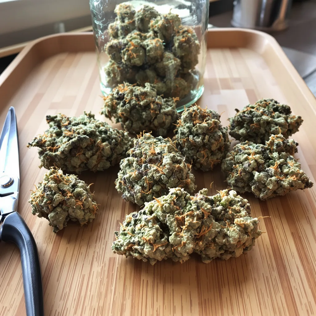Satellite OG 37% Indica / 63% Sativa — Blüte mit sichtbaren Trichomen