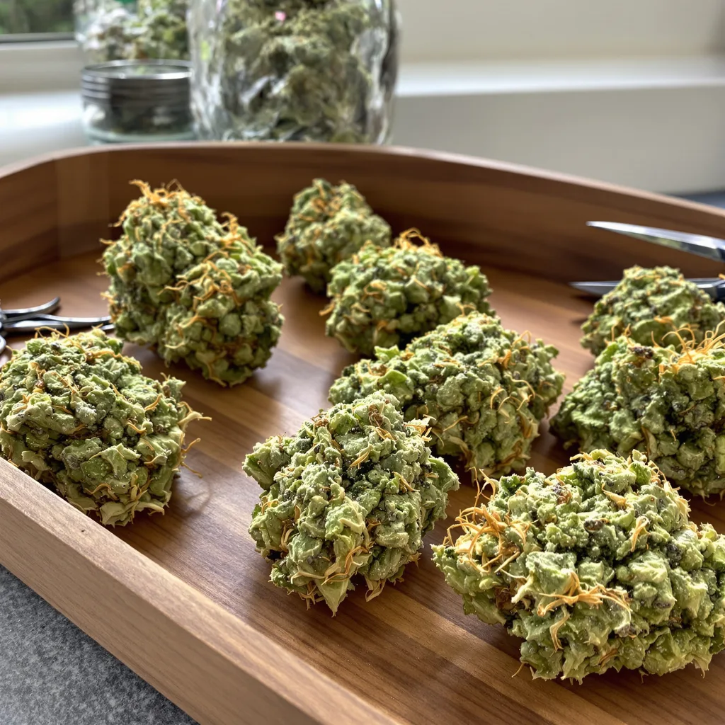 Schrom 20% Indica / 80% Sativa — Blüte mit sichtbaren Trichomen