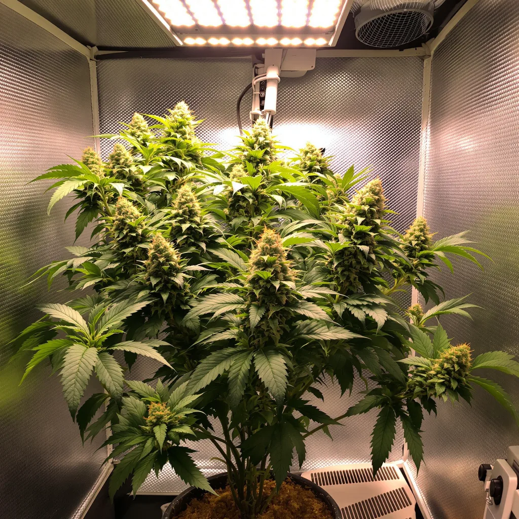 Sensi Skunk 74% Indica / 26% Sativa — Blüte mit sichtbaren Trichomen