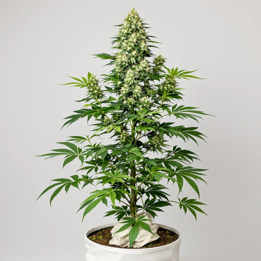 Serious Happiness Cannabisblüte Nahaufnahme mit ausgewogene Blütenstruktur mit eisigen Trichomen