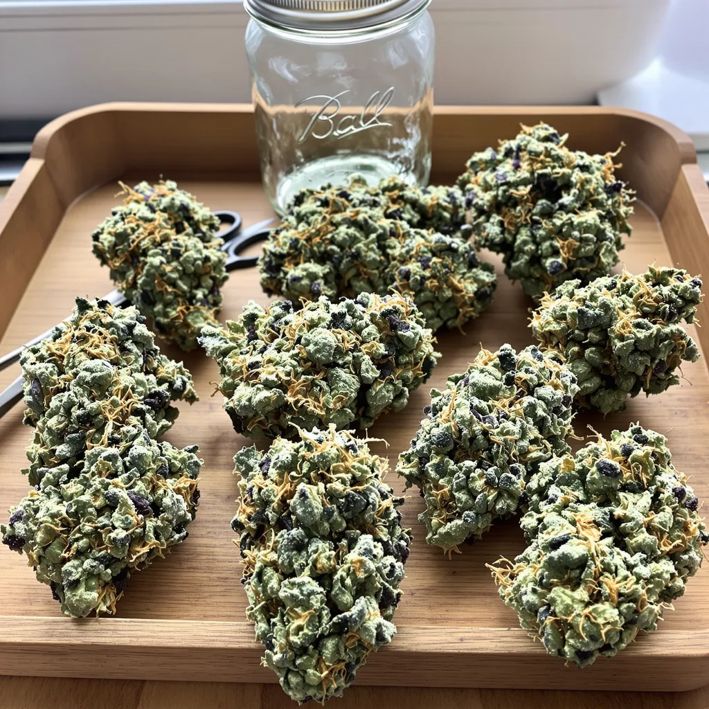 Serious Happiness 55% Indica / 45% Sativa — Blüte mit sichtbaren Trichomen