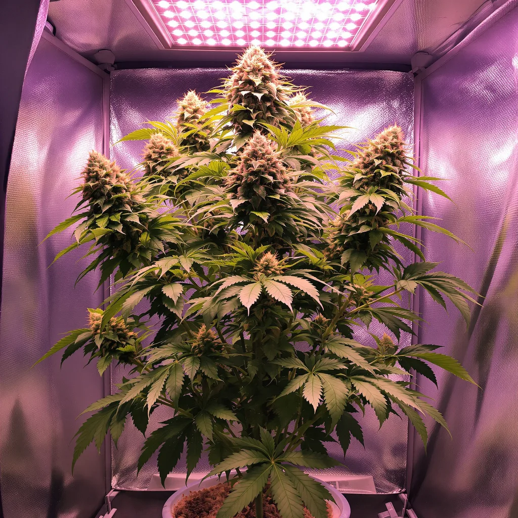Serious Happiness 55% Indica / 45% Sativa — Blüte mit sichtbaren Trichomen