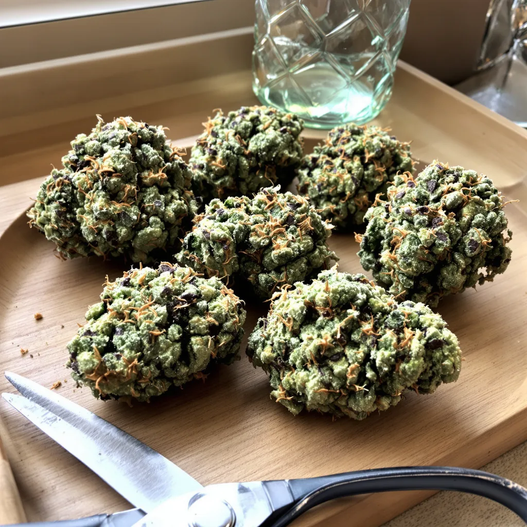 Shiatsu Kush 50% Indica / 50% Sativa — Blüte mit sichtbaren Trichomen