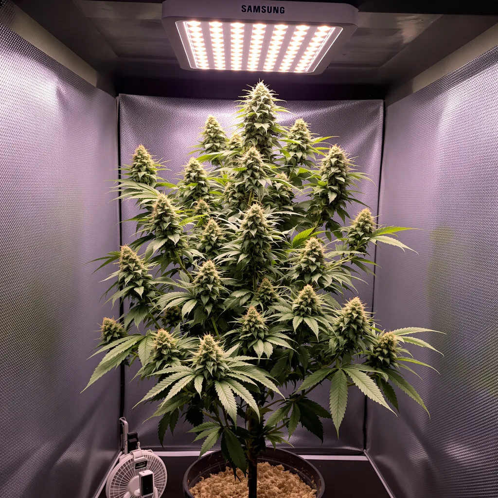Shiatsu Kush 50% Indica / 50% Sativa — Blüte mit sichtbaren Trichomen