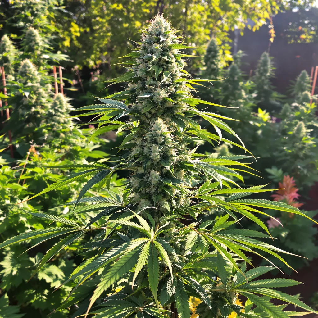 Shiatsu Kush 50% Indica / 50% Sativa — Blüte mit sichtbaren Trichomen