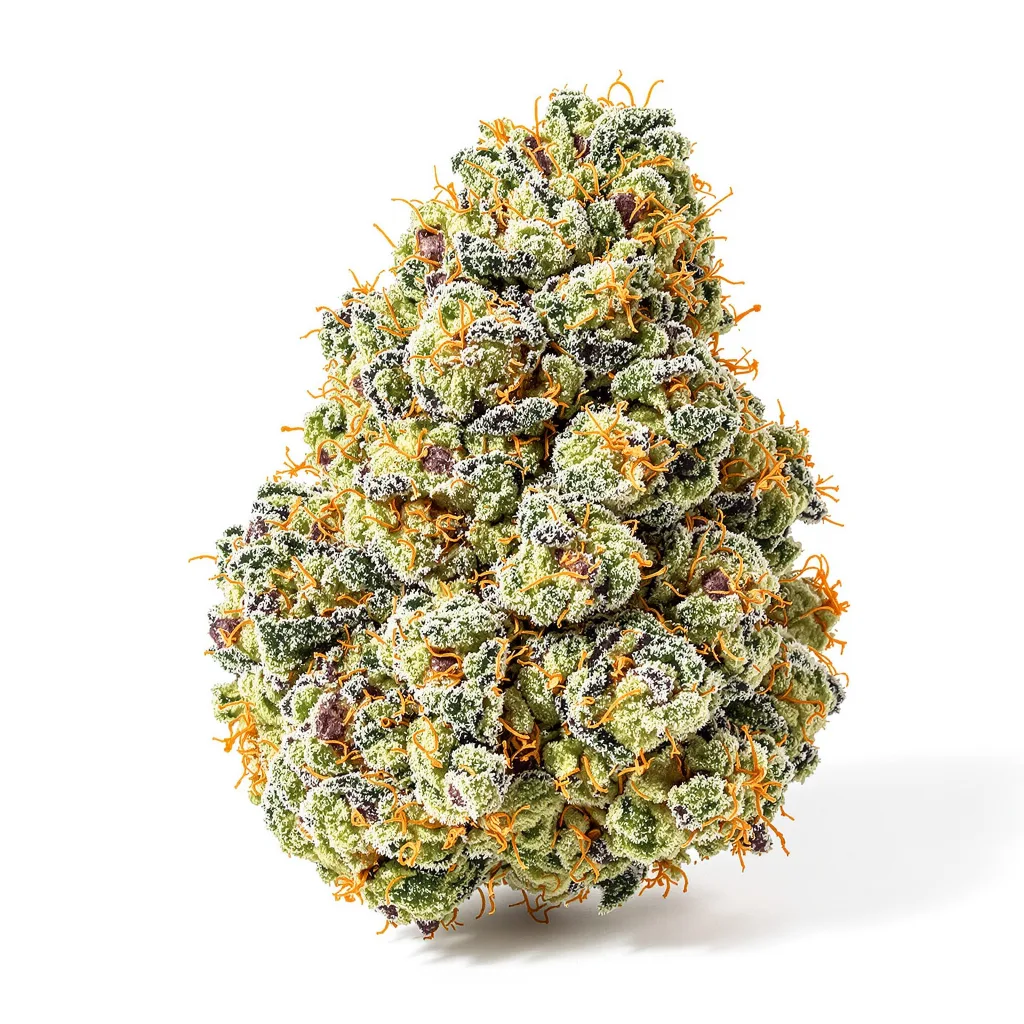 Shiatsu Kush 50% Indica / 50% Sativa — Blüte mit sichtbaren Trichomen