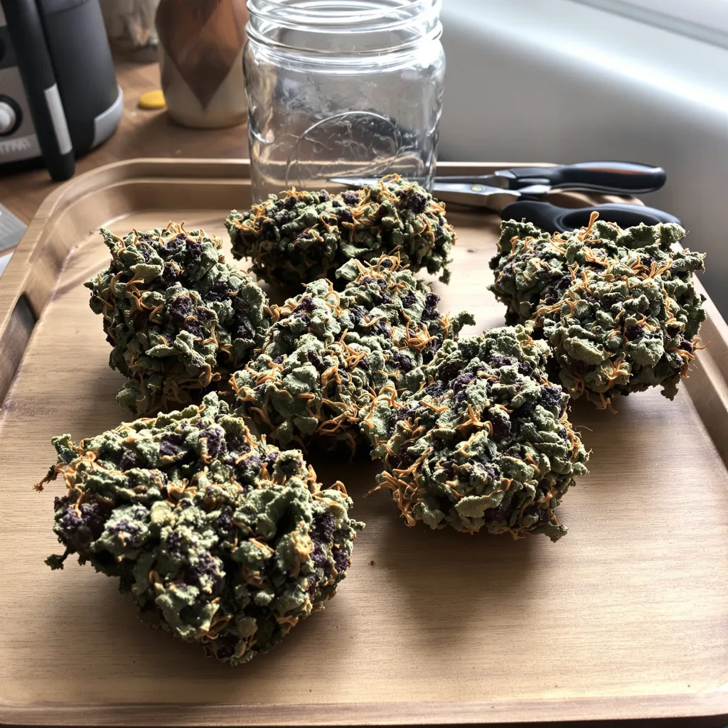 Shiva Skunk 80% Indica / 20% Sativa — Blüte mit sichtbaren Trichomen
