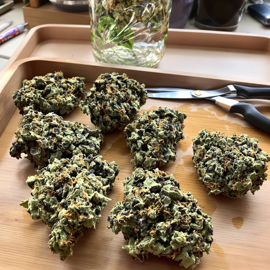 Shoreline 81% Indica / 19% Sativa — Blüte mit sichtbaren Trichomen