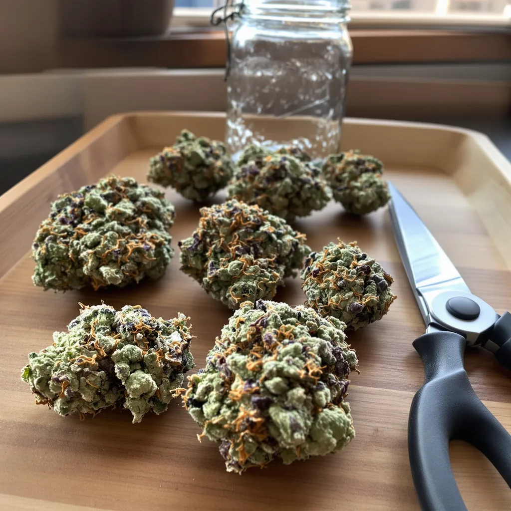 Silverfalls Kush 40% Indica / 60% Sativa — Blüte mit sichtbaren Trichomen