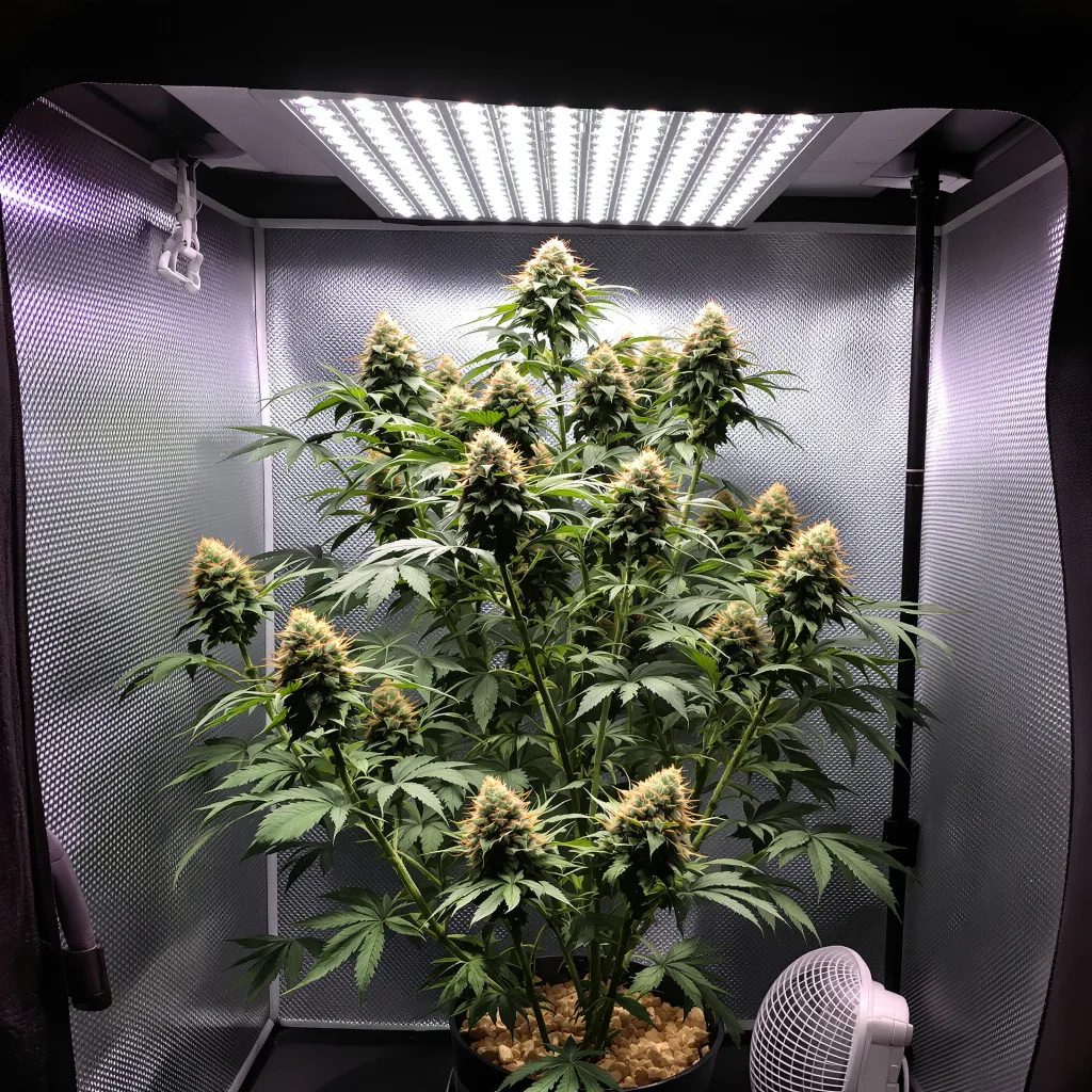 Silverfalls Kush 40% Indica / 60% Sativa — Blüte mit sichtbaren Trichomen