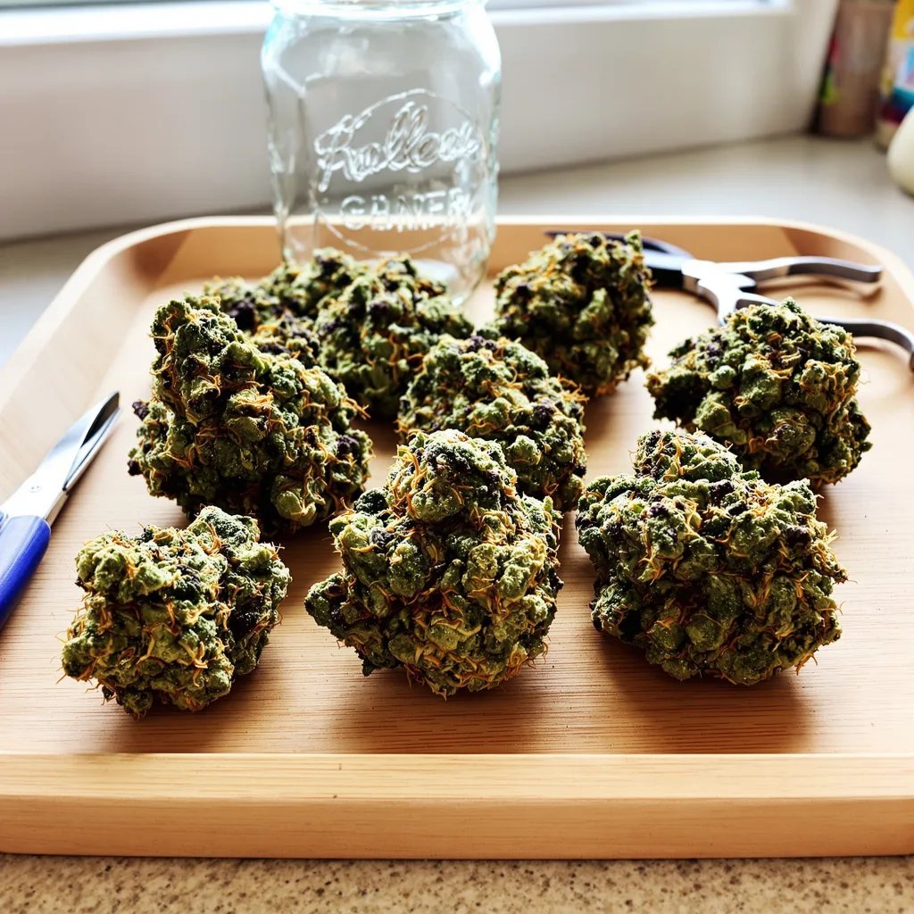 Sin City Kush 67% Indica / 33% Sativa — Blüte mit sichtbaren Trichomen