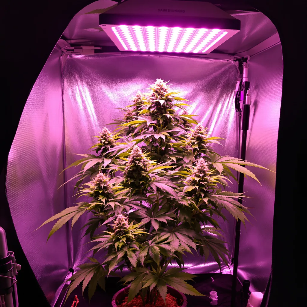 Sin City Kush 67% Indica / 33% Sativa — Blüte mit sichtbaren Trichomen