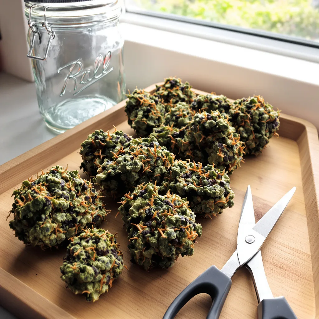 Skunk Diesel 82% Indica / 18% Sativa — Blüte mit sichtbaren Trichomen