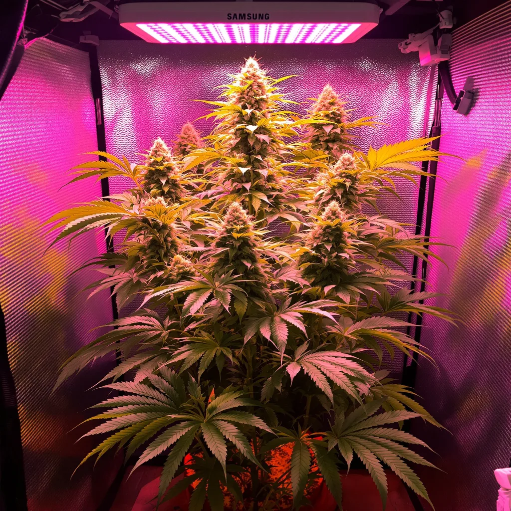 Skunk Diesel 82% Indica / 18% Sativa — Blüte mit sichtbaren Trichomen