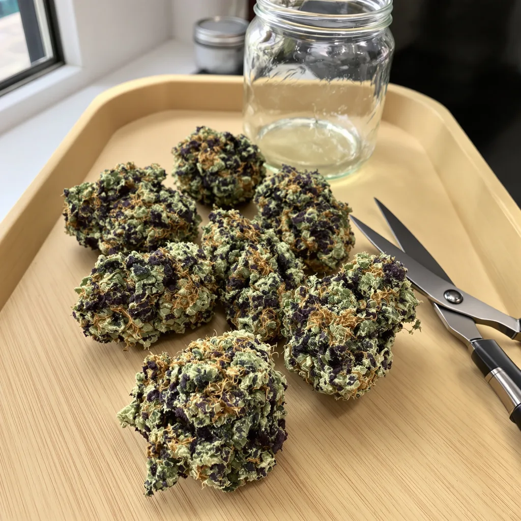 Skunk 65% Indica / 35% Sativa — Blüte mit sichtbaren Trichomen