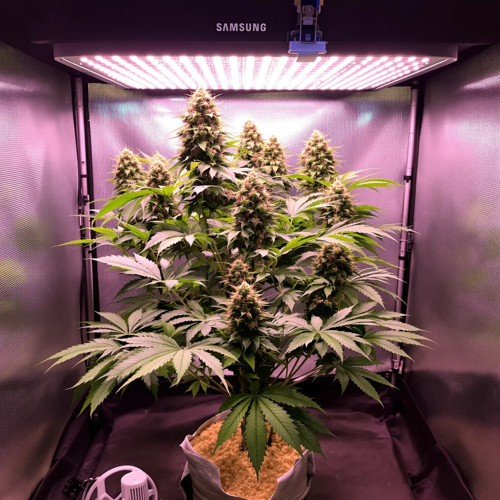 Skunk 65% Indica / 35% Sativa — Blüte mit sichtbaren Trichomen