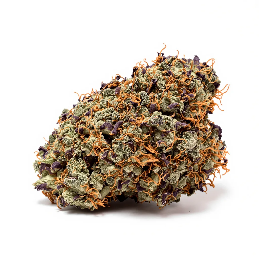 Skunk 65% Indica / 35% Sativa — Blüte mit sichtbaren Trichomen