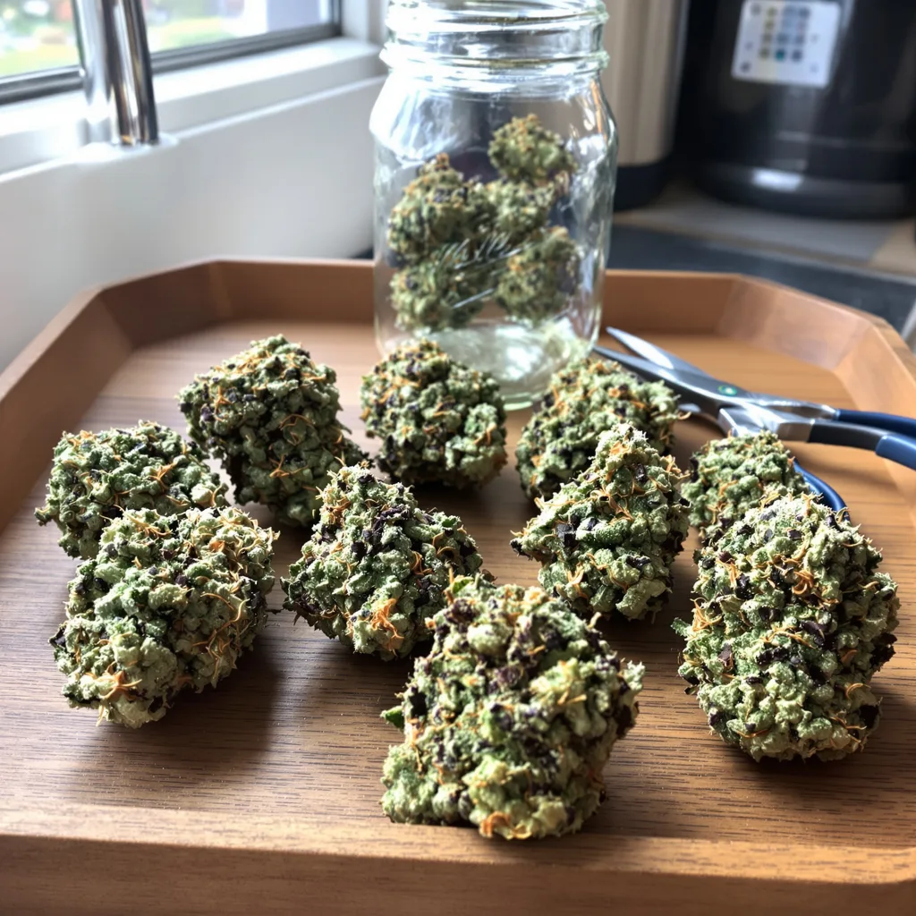 Skunk No. 1 50% Indica / 50% Sativa — Blüte mit sichtbaren Trichomen
