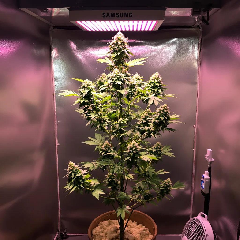 Skunk No. 1 50% Indica / 50% Sativa — Blüte mit sichtbaren Trichomen