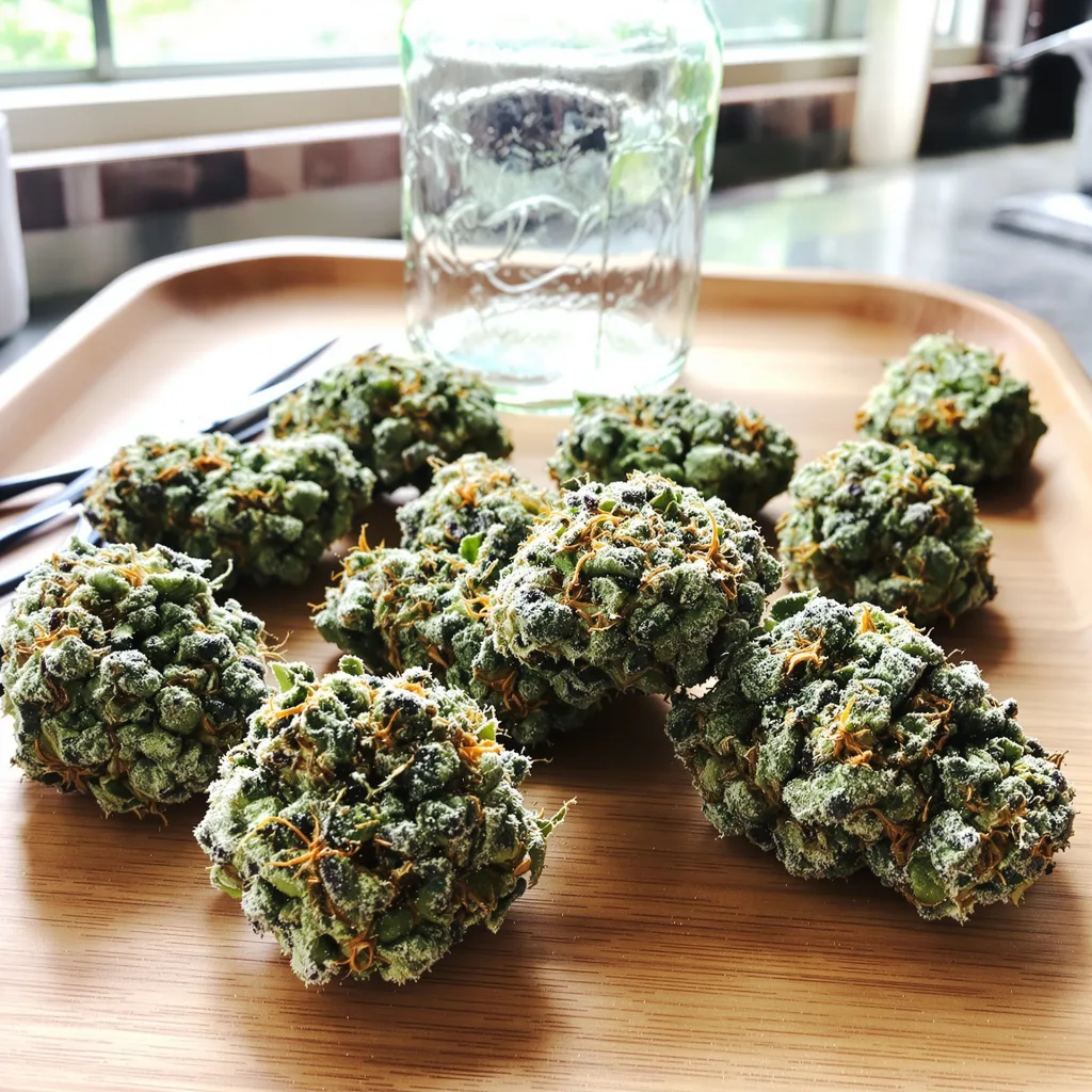 Smelliot 47% Indica / 53% Sativa — Blüte mit sichtbaren Trichomen