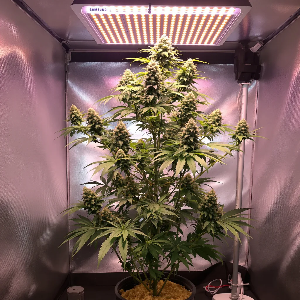 Smelliot 47% Indica / 53% Sativa — Blüte mit sichtbaren Trichomen