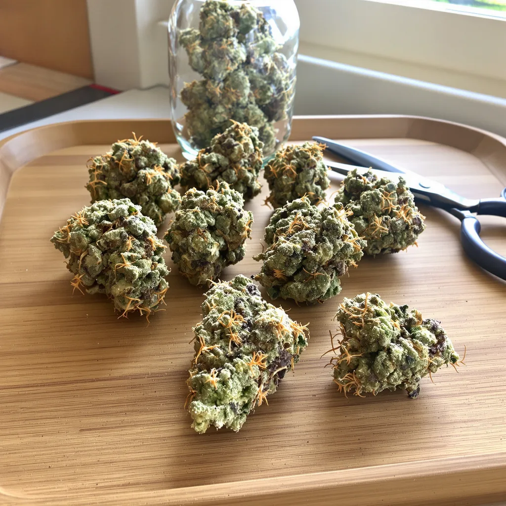Snow Leopard 44% Indica / 56% Sativa — Blüte mit sichtbaren Trichomen