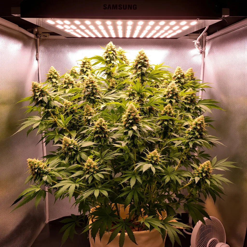Snow Leopard 44% Indica / 56% Sativa — Blüte mit sichtbaren Trichomen