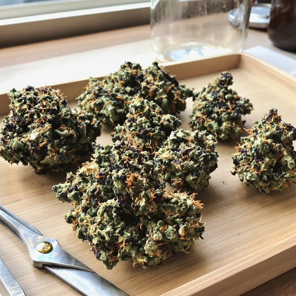 Snow Monster 86% Indica / 14% Sativa — Blüte mit sichtbaren Trichomen