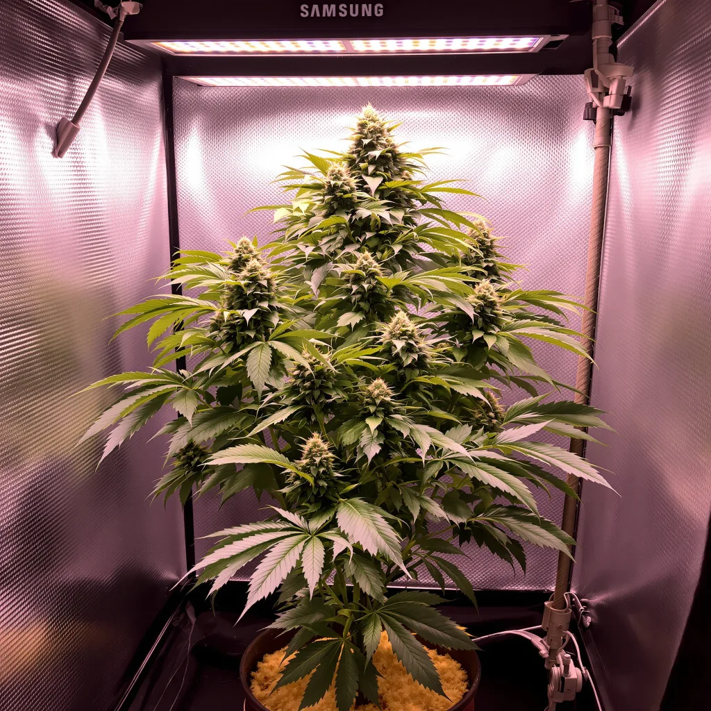 Snow Monster 86% Indica / 14% Sativa — Blüte mit sichtbaren Trichomen