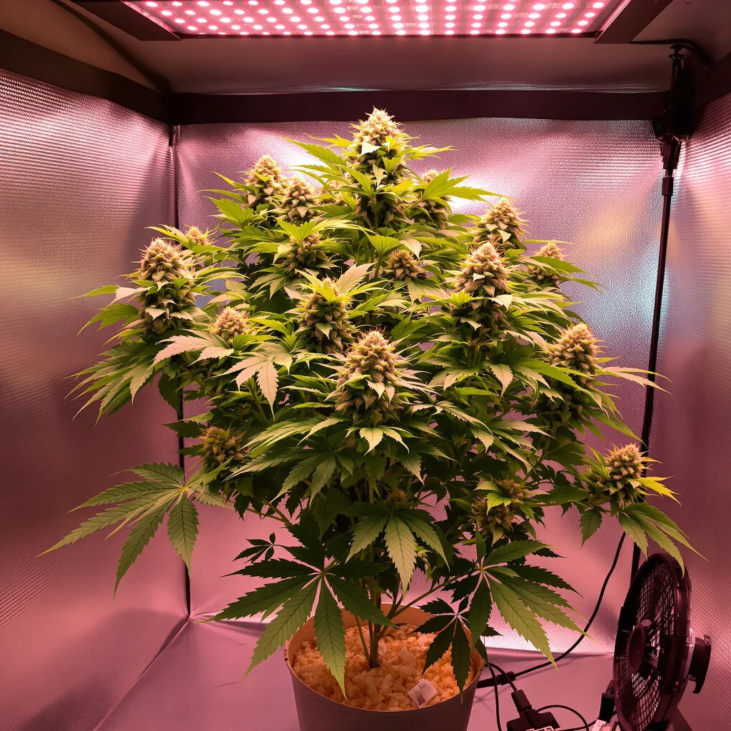 Snow White 80% Indica / 10% Sativa — Blüte mit sichtbaren Trichomen