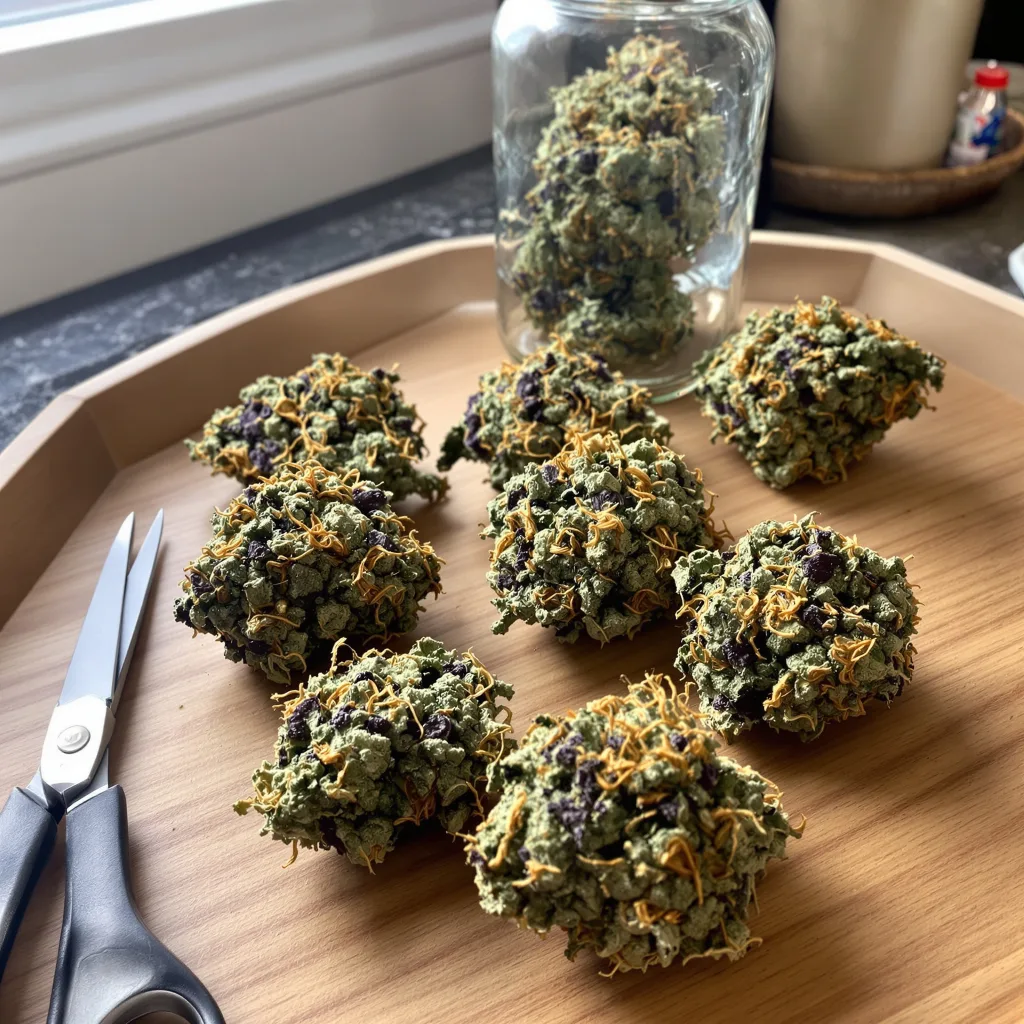 Somango 75% Indica / 25% Sativa — Blüte mit sichtbaren Trichomen